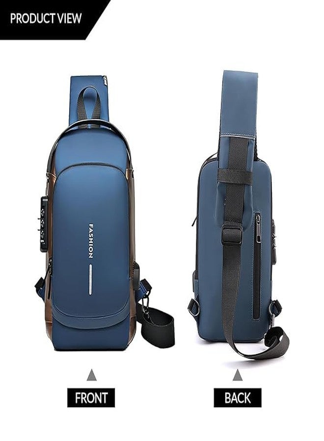 Topinon Waterproof Polyester Slim Unisex Crossbody Sling Bag Chest Backpack Men's Shoulder Bag, Leisure Travel Handbag, Hard Shell Anti-Theft Chest Bag (Blue Gold) - Image 5